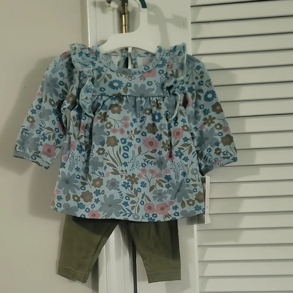 Carter's Blue Floral Ruffle Top with Olive Leggings